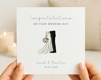 May include: A square white wedding greeting card featuring the text Congratulations ON YOUR WEDDING DAY at the top, a central illustration of a couple in formal attire, and the names Leah & Martin with the date 20.07.2025 printed at the bottom.