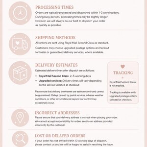 May include: A light pink informational graphic titled DELIVERY POLICY with sections for processing times, shipping methods, delivery estimates, tracking, incorrect addresses, lost or delayed orders, and international orders, featuring icons.