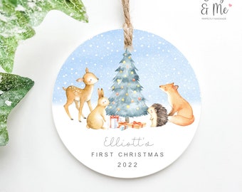 Personalised Baby's First Christmas Bauble Gift Keepsake | 1st Xmas Tree Decoration/Ornament | New Baby Boy Present | Forest Animals