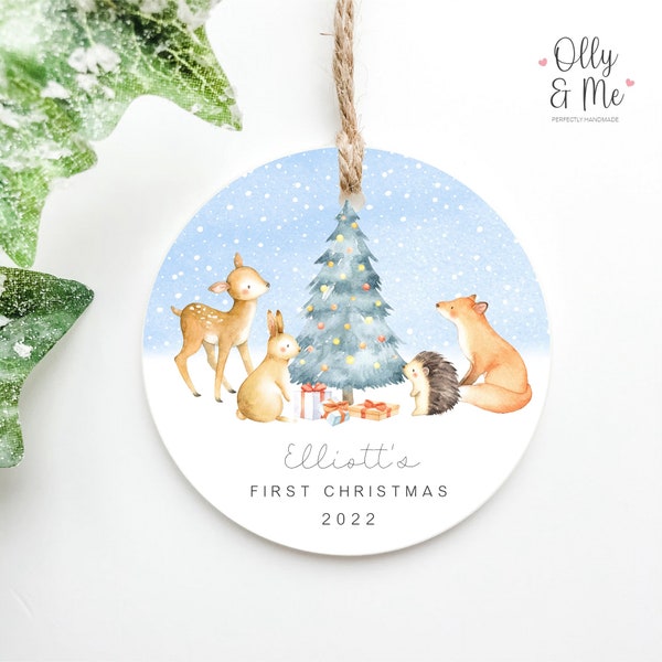 Personalised Baby's First Christmas Bauble Gift Keepsake | 1st Xmas Tree Decoration/Ornament | New Baby Boy Present | Forest Animals