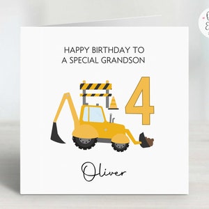 Personalised Construction Theme Birthday Card | Son/Grandson/Nephew/Godson/Boy Girl Keepsake | ANY Name/Age | Yellow Digger/Truck Party