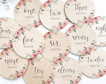 Wooden Baby Milestone Discs Set | Pink Flowers/Floral | Baby Shower/Newborn/Mummy to Be Gift | Girl/Boy | Photo Props/Keepsake | 12 Months