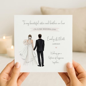 May include: A square wedding greeting card featuring an illustration of a bride in a white gown with a veil and a groom in a black suit. The text reads: To my beautiful sister and brother-in-law ON YOUR WEDDING DAY, Emily & Matt, 22/09/2025, Wishing you a lifetime of happiness together.