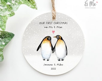 Personalised First Christmas as Mr & Mrs Bauble | 1st Xmas as a Married Couple Keepsake/Decoration | Hanging Acrylic Ornament | Penguins