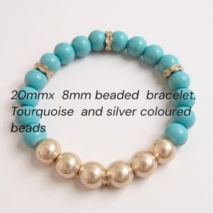 Tourquoise ans silver coloured beaded bracelet. 20cm stretch  band. Boho hippie inspired.  Great gift
