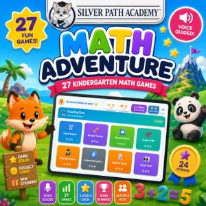 May include: A digital tablet screen displays the Silver Path Academy Math Adventure app with a menu of 27 kindergarten math games. The interface features colorful icons for counting, number tracing, and rewards, surrounded by a fox and panda character.