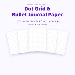 Könnte beinhalten: Ein Set aus fünf weißen Blättern mit Punktraster für Bullet Journals, fächerförmig angeordnet. Der Text lautet: SILVER PATH ACADEMY, Dot Grid & Bullet Journal Paper, 216 Printable PDFs, 6 Ink Colors, 4 Dot Sizes, US Letter, A4, US Legal.