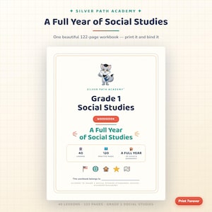 Puede incluir: Un libro de ejercicios de 122 páginas para primer grado de estudios sociales de Silver Path Academy. La portada muestra un lobo de dibujos animados, el título A Full Year of Social Studies e iconos de 40 lecciones y 120 páginas de práctica.