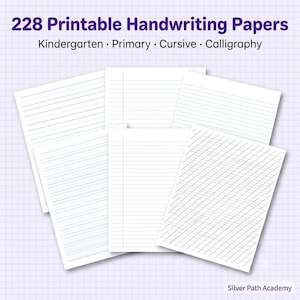 May include: A collection of 228 printable handwriting papers featuring various line styles for kindergarten, primary, cursive, and calligraphy practice. The white sheets display blue and red horizontal lines, margins, and slanted guides. Silver Path Academy.