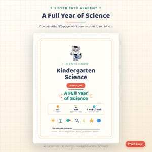 May include: An 82-page Kindergarten Science workbook from Silver Path Academy. The cover features a cartoon wolf, the text A Full Year of Science, 40 lessons, 80 practice pages, and icons of a sun, sprout, fish, magnifying glass, moon, star, and planet.