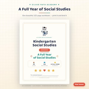 Könnte beinhalten: Ein 122-seitiges Arbeitsheft für Kindergarten-Sozialkunde von Silver Path Academy. Das Cover zeigt einen Zeichentrickfuchs, den Titel A Full Year of Social Studies, 40 Lektionen, 120 Übungsseiten, fünf Sterne und eine Zeile für einen Namen.