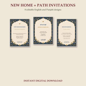Pode incluir: Três cartões de convite retangulares com bordas florais azul-escuras e centros creme. O texto diz NEW HOME + PATH INVITATIONS, 8 editable English and Punjabi designs e INSTANT DIGITAL DOWNLOAD. Os cartões apresentam detalhes sobre os eventos.