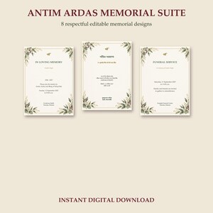 Pode incluir: O Antim Ardas Memorial Suite apresenta oito designs comemorativos editáveis com fundos creme, bordas douradas finas e detalhes de folhas de eucalipto em aquarela. O texto inclui In Loving Memory, Funeral Service e escrita em punjabi.