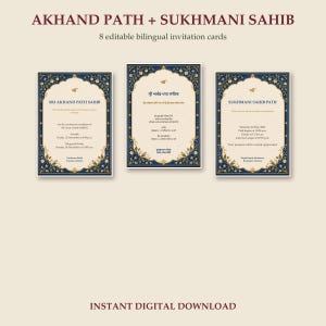 Pode incluir: Três cartões de convite retangulares com bordas florais azul-escuras e centros creme. O texto diz AKHAND PATH + SUKHMANI SAHIB, 8 editable bilingual invitation cards e INSTANT DIGITAL DOWNLOAD. Os cartões apresentam detalhes específicos do evento.