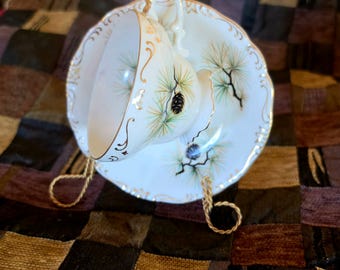 Vintage Norcrest Cup and Saucer, 1950s Ivory Porcelain with Pine Cone Motif