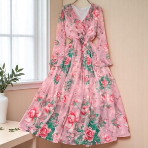 Elegant Floral Print Dress for Women,Vintage V-Neck Long Sleeve Chiffon A-Line Dress, Autumn Fashion ,Fall Party Dress,Women Slim Fit Outfit