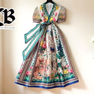 Classic Floral Maxi Dress | Sheer Sleeve Evening Gown | Boho Belted Party Attire | Vibrant Print Mesh Piece | Elegant Long Outfit