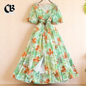 Summer Floral Maxi Dress for Women | Vintage Puff Sleeve A-Line Dress | Elegant V Neck Long Dress for Wedding Guest or Vacation 2025, Gift