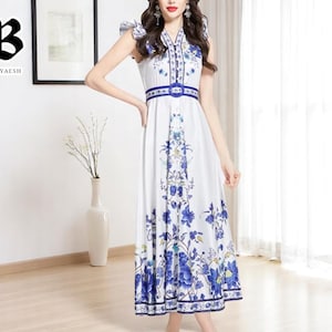 Summer Floral Maxi Dress for Women – Vintage Ruffle V-Neck Sleeveless Dress, Elegant Belted Robe Femme, Wedding Guest & Vacation Outfit