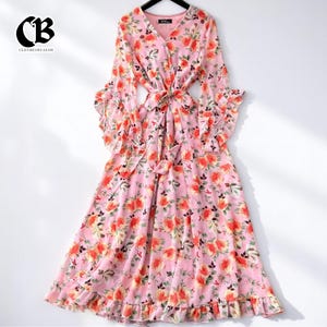 Vintage Floral Chiffon Midi Dress Women V-Neck Ruffle Sleeve A-Line High Waist Summer Outfit for Wedding Guest Mother’s Day Gift, Holiday