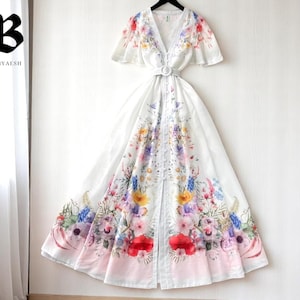 Elegant Vintage Floral Maxi Dress for Women, V-Neck Button Down Dress with Sash, Palace Style Holiday Gown, Summer Party Outfit