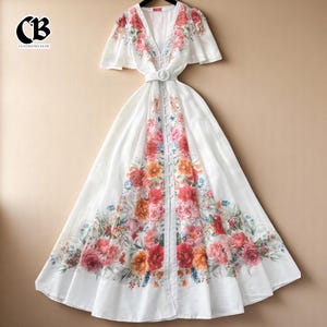 Vintage Floral V-Neck Maxi Dress for Women, Elegant Long Sleeve Holiday Party Dress with Sash, Spring Summer Casual Beach Clothing 2025