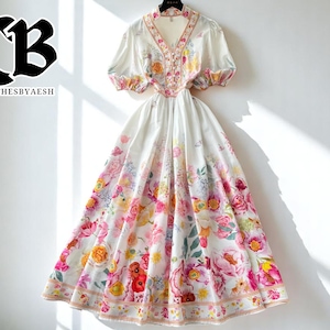 Floral Puff Sleeve Maxi Dress | White Boho V-Neck Flowing Attire | Cottagecore Long Summer Gown | Elegant Button Festival Outfit