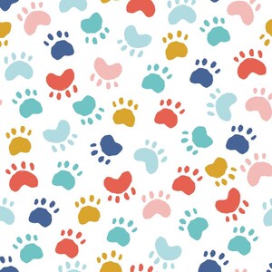 Colorful Dog Paw Print Fabric-Funny Dog Cotton Fabric-Dog Friends Cartoon Fabric By The Half Yard