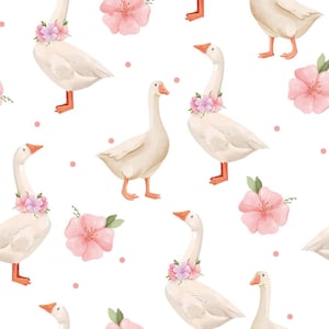 Cute Geese Watercolor Cartoon Pattern Cotton Fabric DIY Fabric By Half Yard