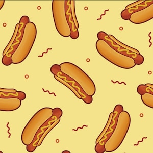 Padrão de cachorro-quente de desenho animado Tecido de algodão puro Delicioso tecido de cachorro-quente por meia jarda