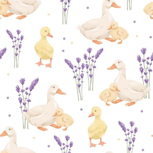 Tela de algodón puro con estampado de acuarela de pato bebé con mamá, color lavanda, por media yarda
