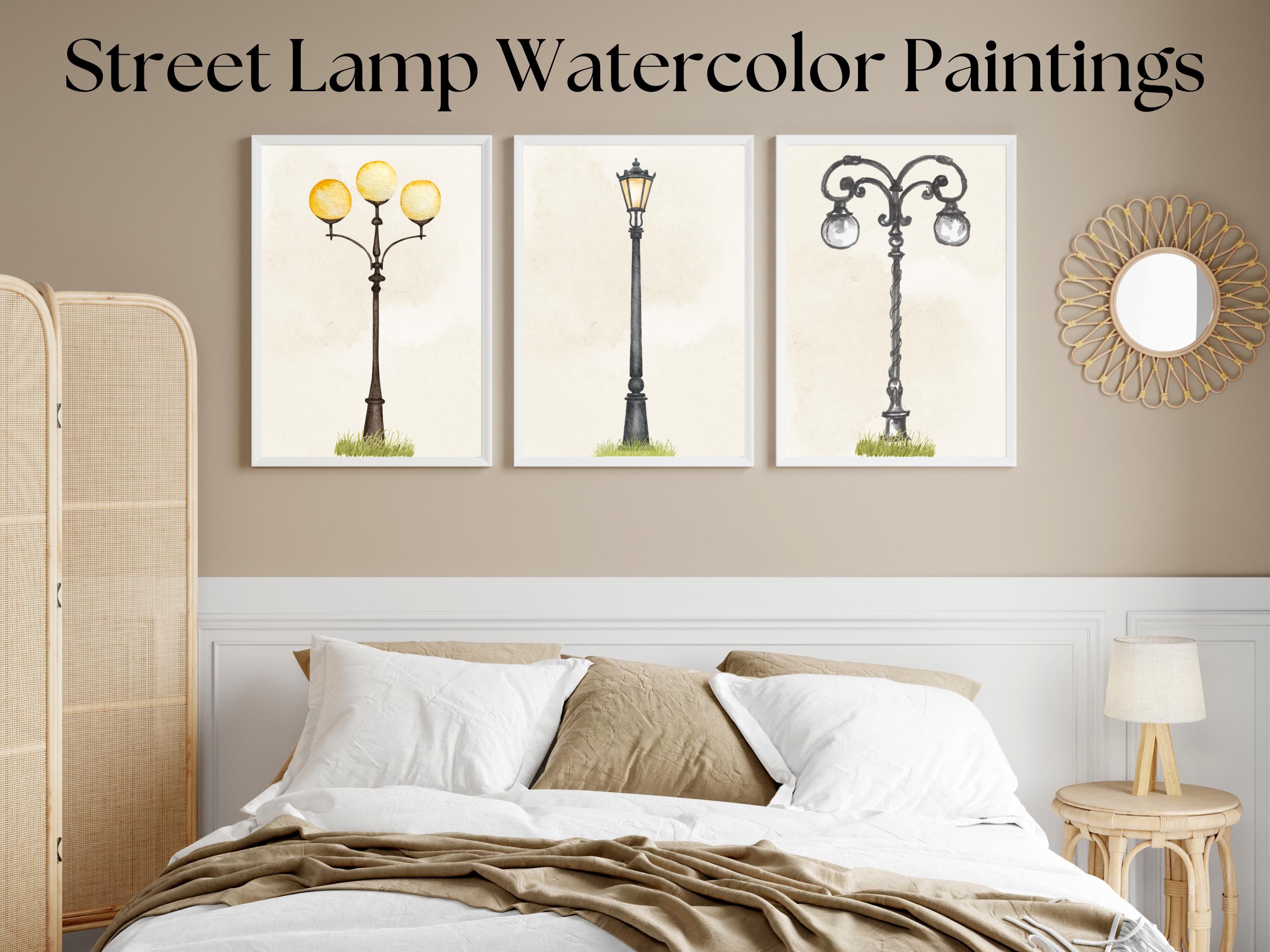 Watercolor Wall Art Street Lamp Painting Gallery Wall Interior Decor black vintage painting Set Of Three street light