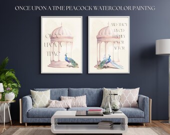 Watercolor Wall Art Once Upon a Time Peacock Theme Painting Gallery Wall Bundle Set Of Two Fairy Tale images Neutral Gazebo