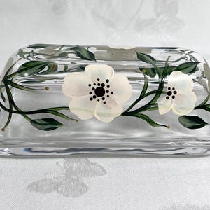 Ivory floral butter dish, hand painted, kitchen decor