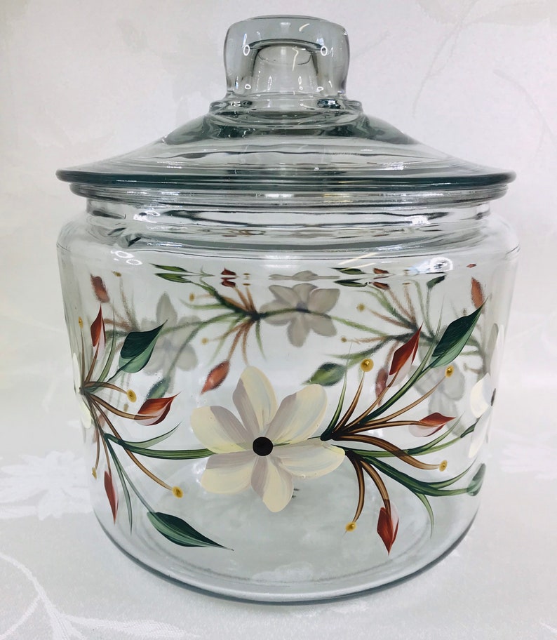 Large cookie jar ivory flowers glass cookie jar with lid Etsy