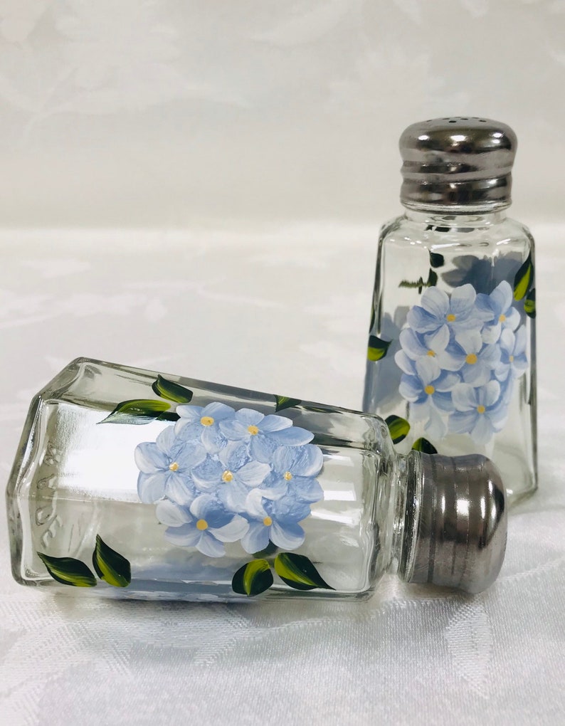 Salt and pepper, shakers,hand painted, blue hydrangeas, gift image 5