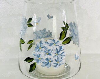 Candleholder, hand painted, home decor, blue hydrangeas, gift