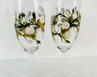 Champagne glasses,Toasting Flutes, wedding ,Gold roses,gift