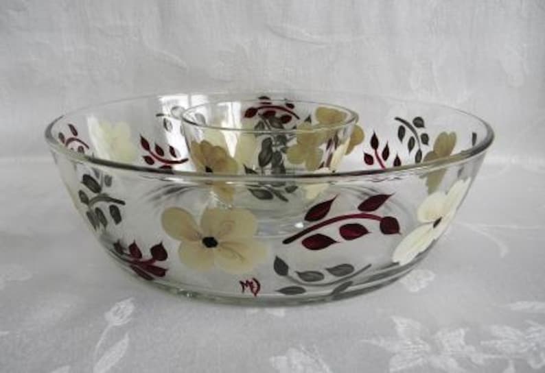 large chip and dip set ivory flowers Chip and dip set,painted serving bowl
