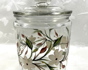 Cookie jar, ivory flowers, hand painted, glass jar, gift