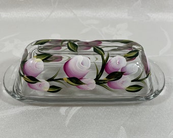 Butter dish, covered butter dish, hand painted, glass butter dish, pink roses, gift