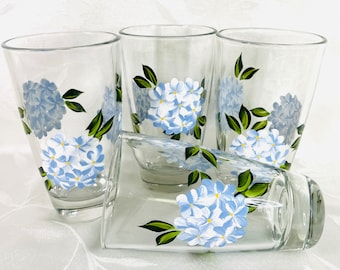 Beverage glasses, drinking glasses, hand painted, blue hydrangeas, gift