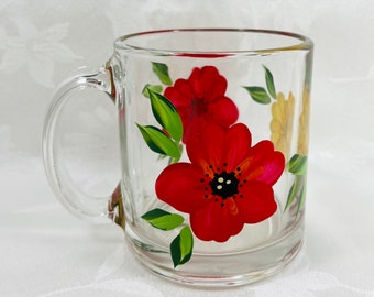 Mug, hand painted, poppies, glass mug, gift, birthday gift