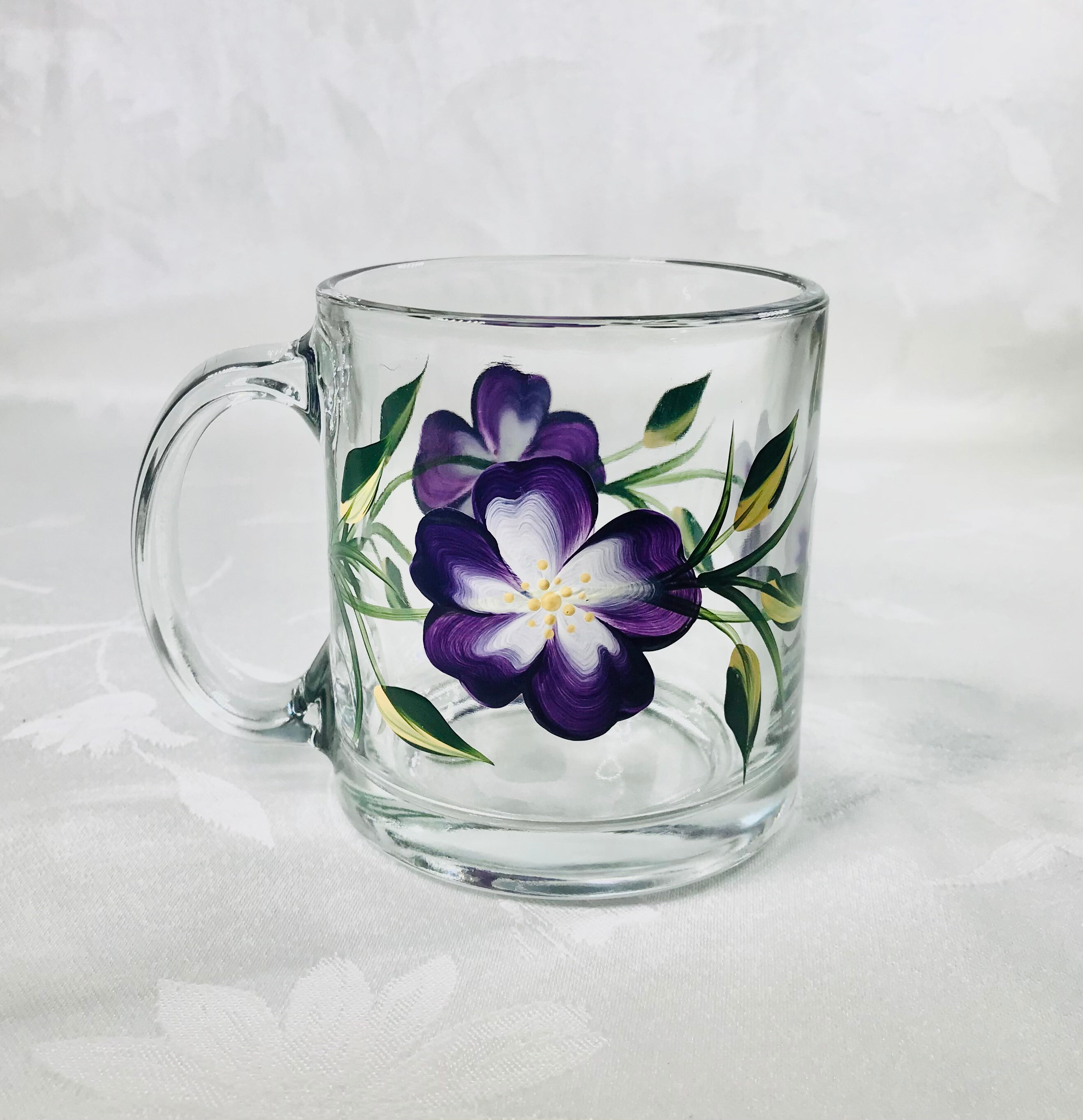 Mug with purple flowers glass mug purple and white flowers Etsy