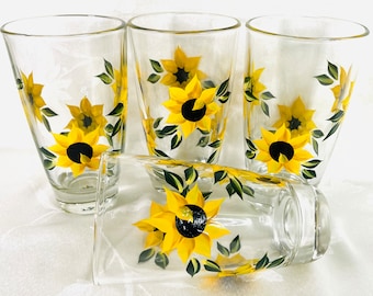 Beverage glasses, water glasses, drinking glasses, hand painted, sunflowers, gift