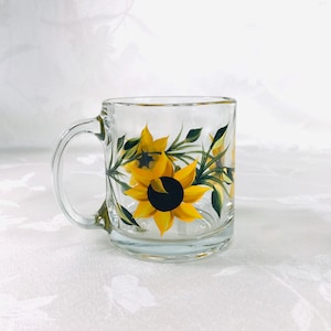 Mug, coffee mug, tea mug, glass mug, sunflowers, hand painted, gift