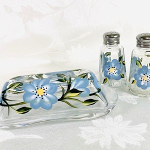 Butter dish set,shakers,blue flowers,hand painted,gift idea
