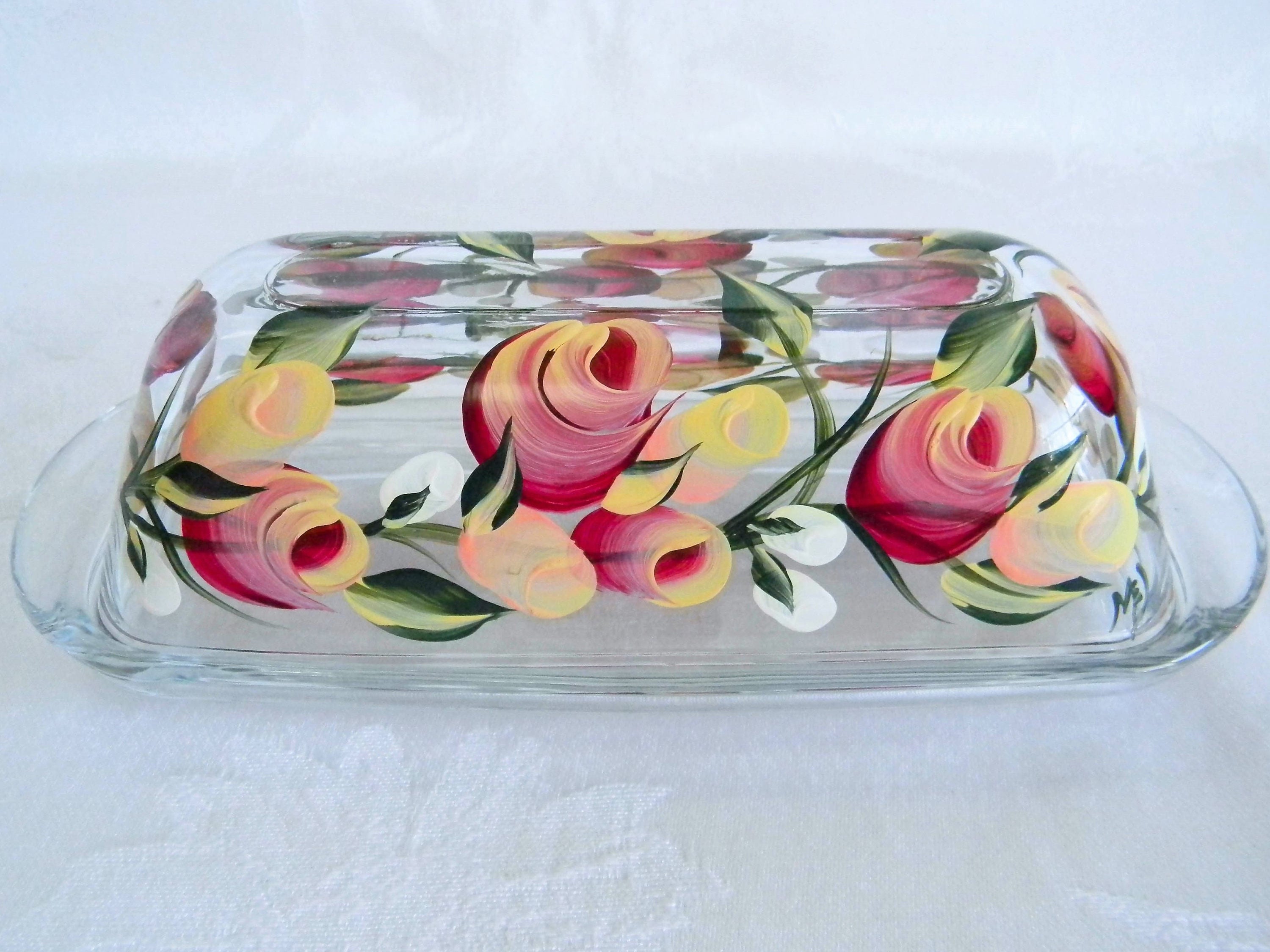 Roses Butter dish glass butter dish with lid painted butter Etsy