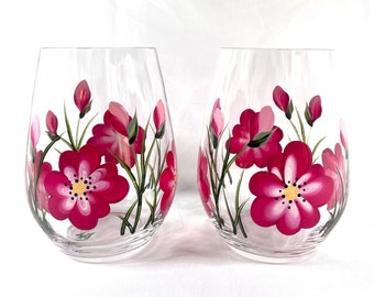 Stemless wine glasses,hand painted, floral wine glasses,gift