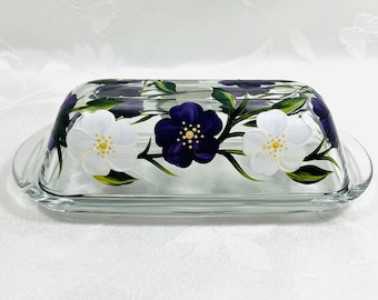 Butter dish,covered butter dish,purple and white floral,hand painted, gift